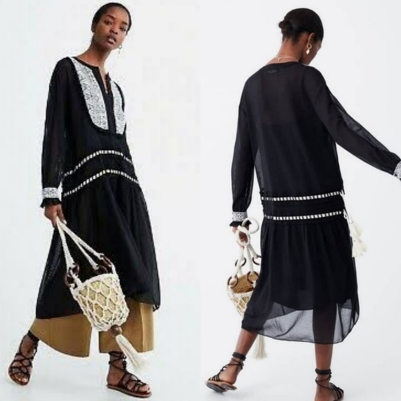 Zara Dresses & Skirts - Zara Black Sheer Embroidered Bohemeian Midi Dress